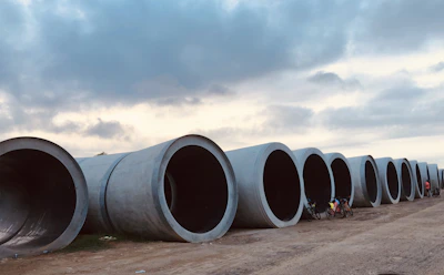 Concrete pipes stacked neatly in the factory yard under a clear sky, showcasing industrial strength.