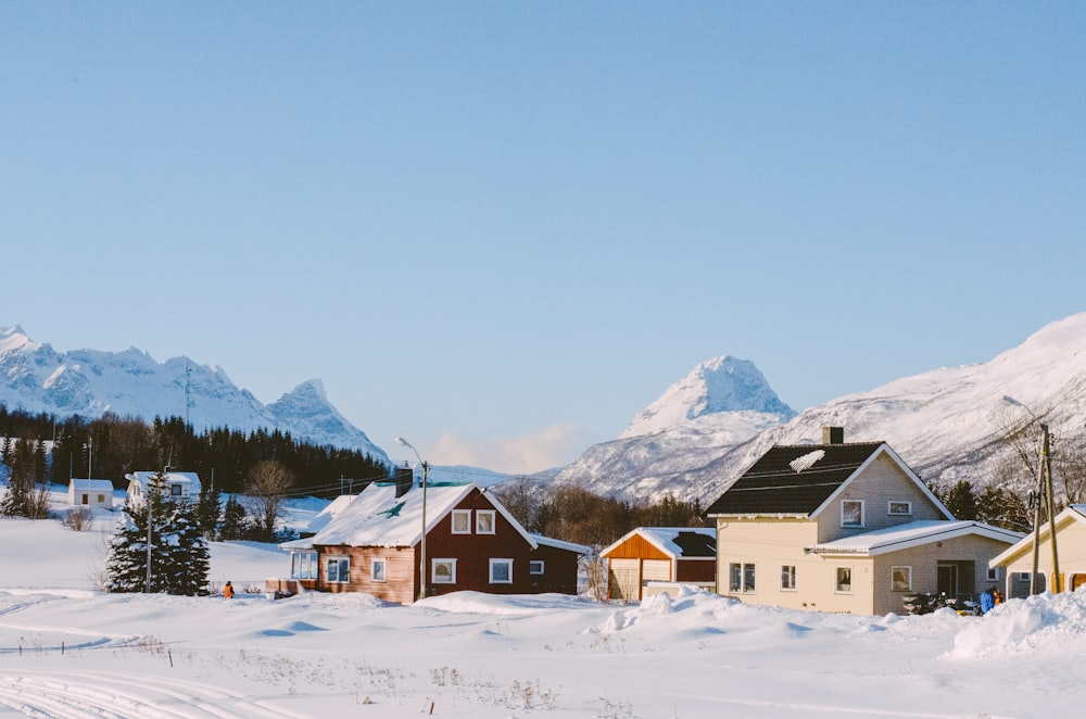 a group of houses in the snow with mountains in the background