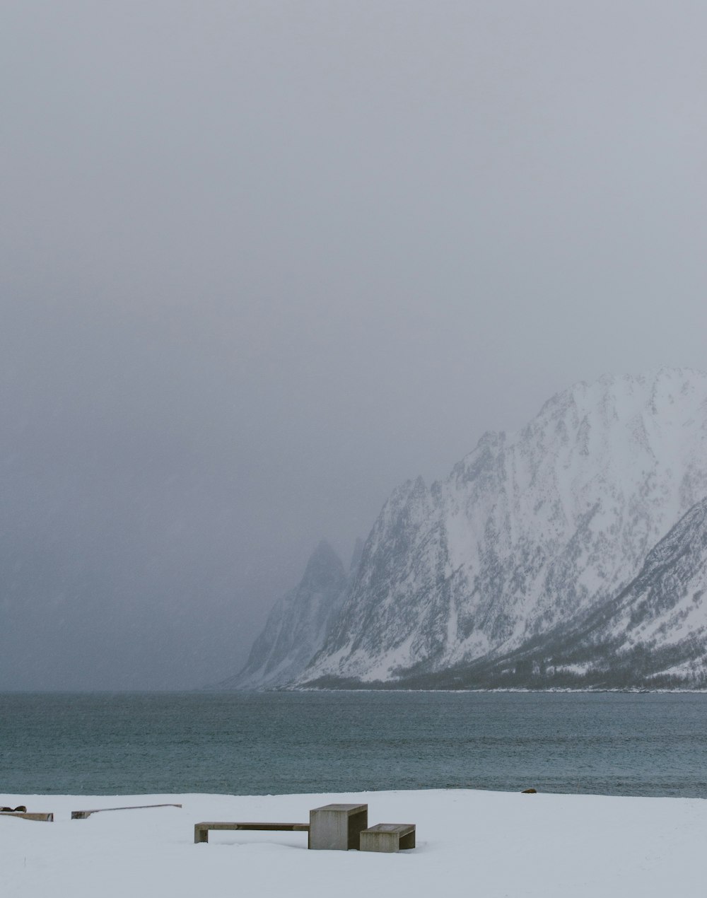 a snowy landscape with a mountain in the background