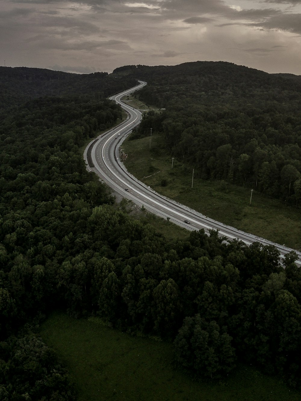 aerial view of road between green trees during daytime