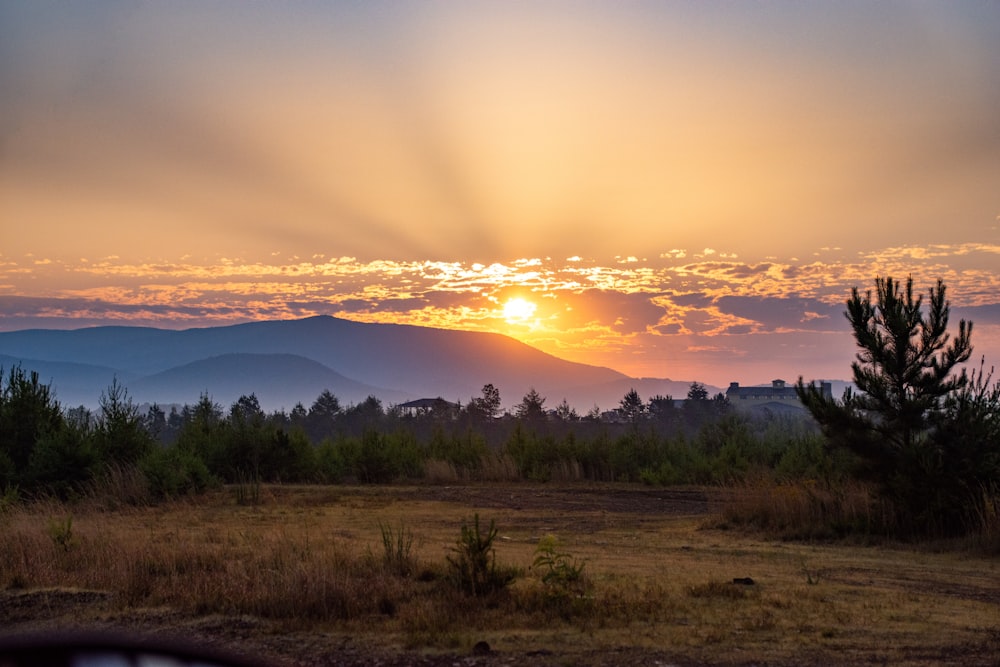 green grass field near mountain during sunset