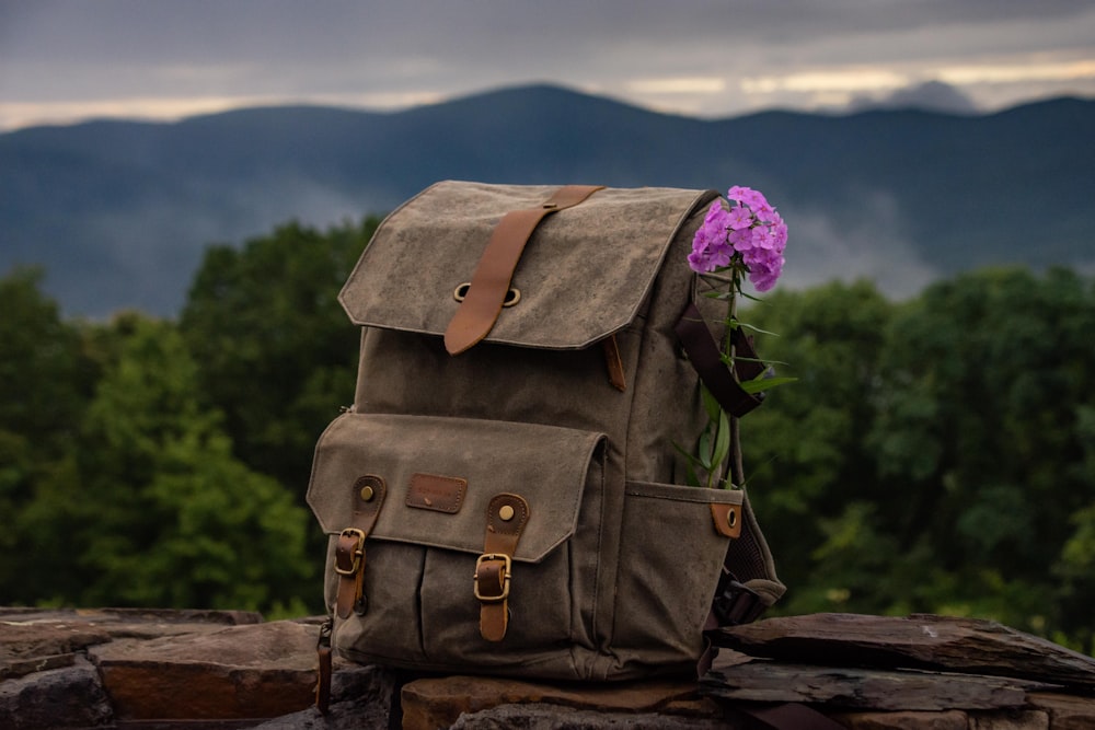 brown leather backpack on brown wooden log