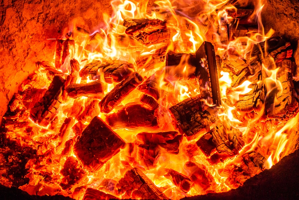 Brennholz in der Feuerstelle verbrennen