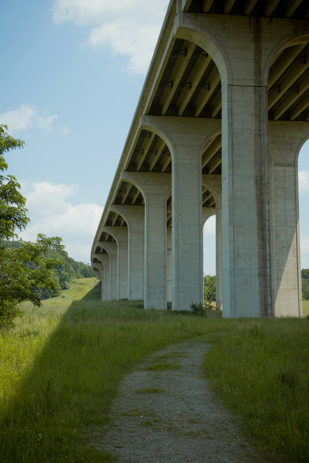 white concrete bridge over green grass field during daytime