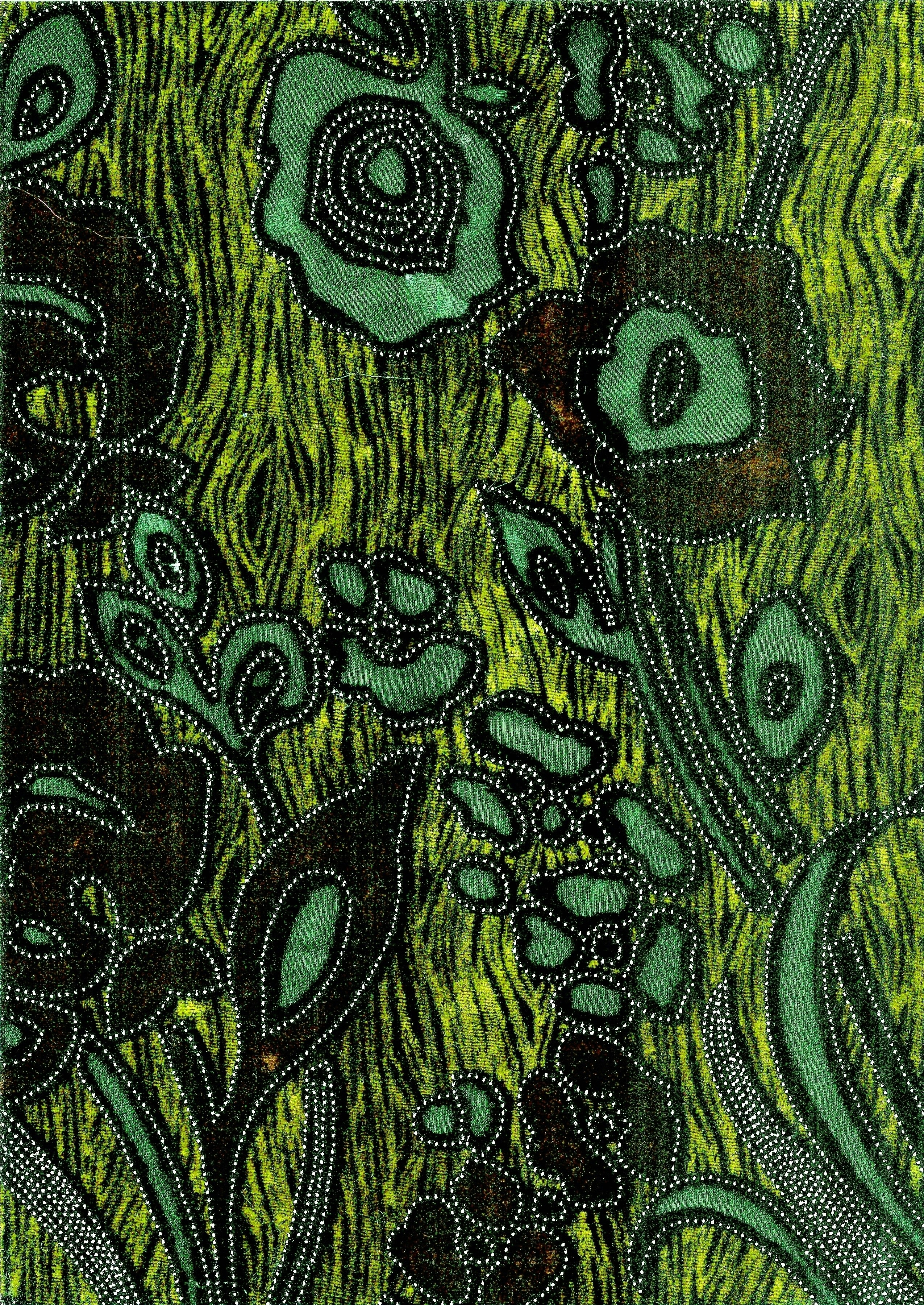 a green and black painting of flowers and leaves