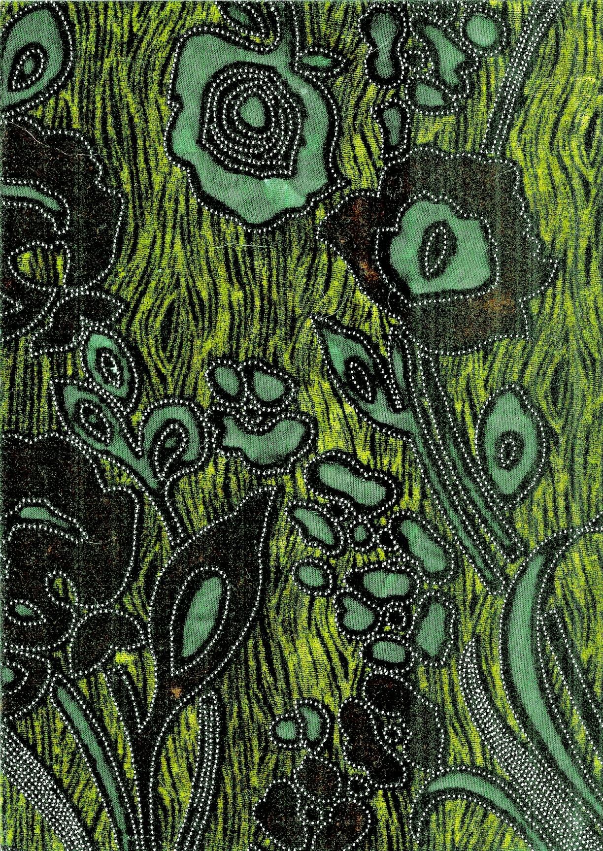 a green and black painting of flowers and leaves