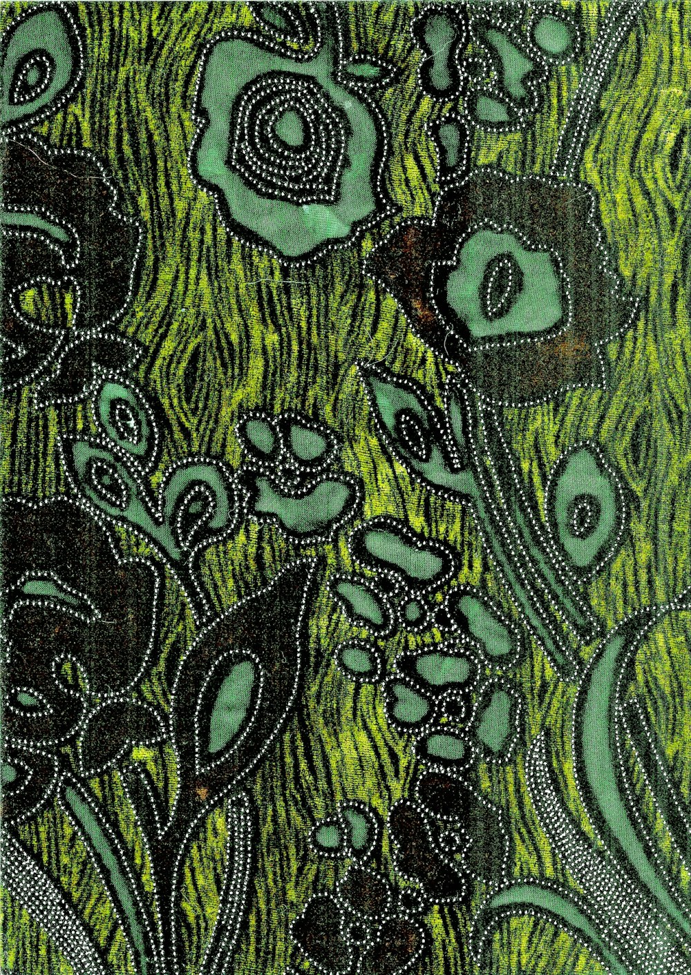 a green and black painting of flowers and leaves