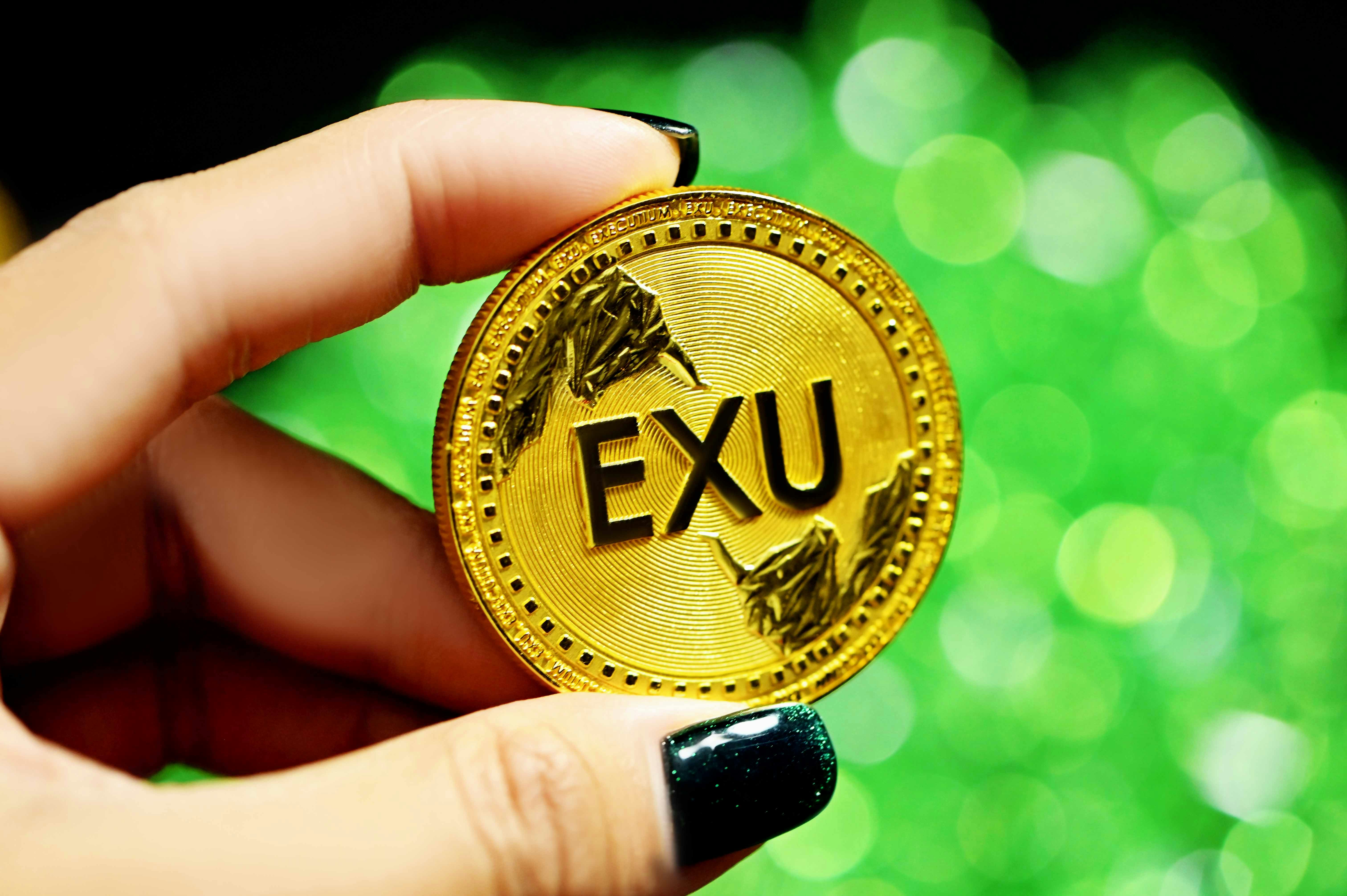 Displaying an EXU coin in front of a green background