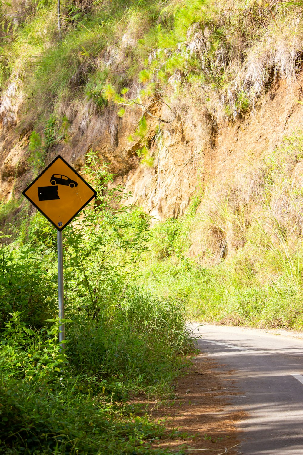 black and white road sign beside road