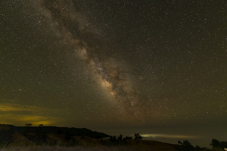 Silhouettes of people on a beach under a starry night sky