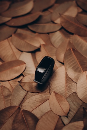 A black fitness tracker or smartwatch is placed on a bed of brown, dried leaves. The leaves are arranged in a layered pattern, creating a rustic and natural backdrop.