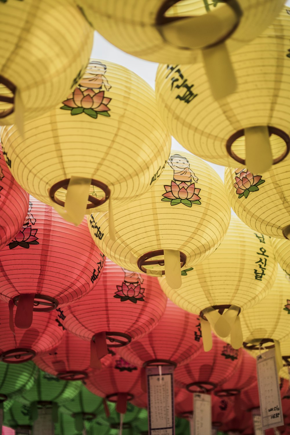 yellow red and green paper lanterns