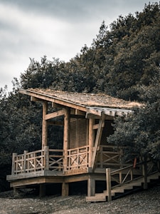 A rustic wooden cabin situated against a dense backdrop of trees, with a weathered exterior and simple architecture. The cabin features an elevated platform with wooden railings and a slanted roof.