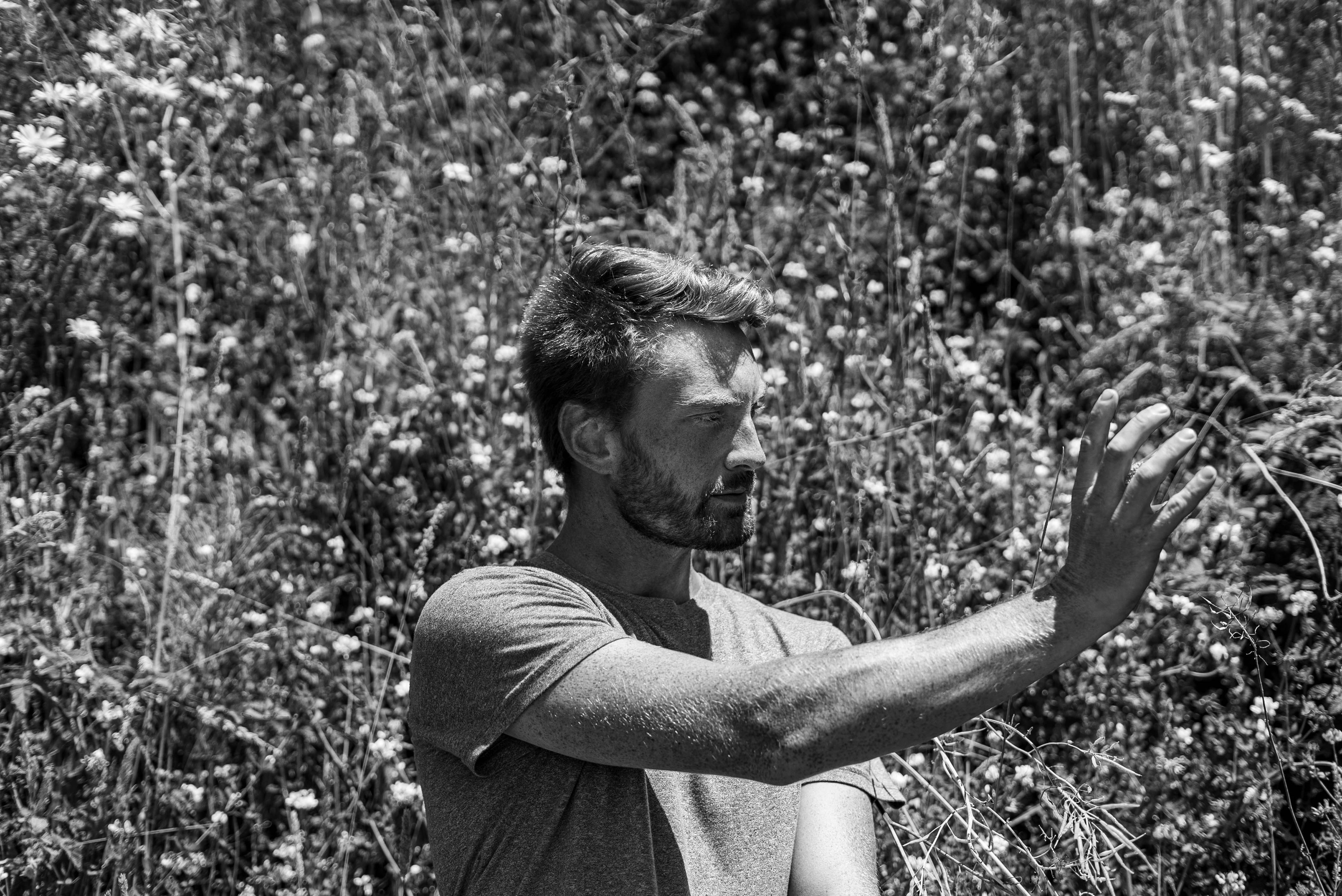 grayscale photo of woman in crew neck t-shirt