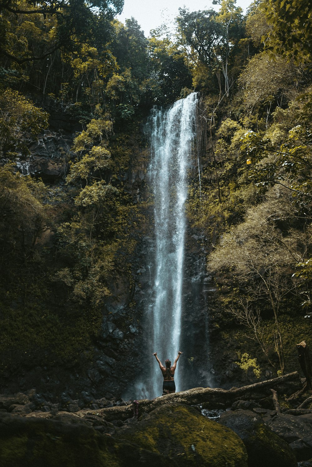 homem em shorts marrons em pé na frente de cachoeiras durante o dia