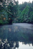 A serene Finnish lake at dawn with mist rising over calm waters surrounded by dense forest.