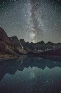 A long-exposure shot of the Milky Way arching over a quiet mountain lake.