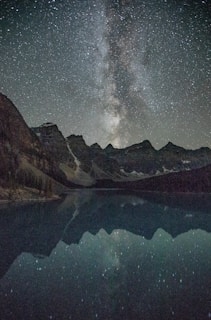 A stunning view of a starry night sky over a calm lake.