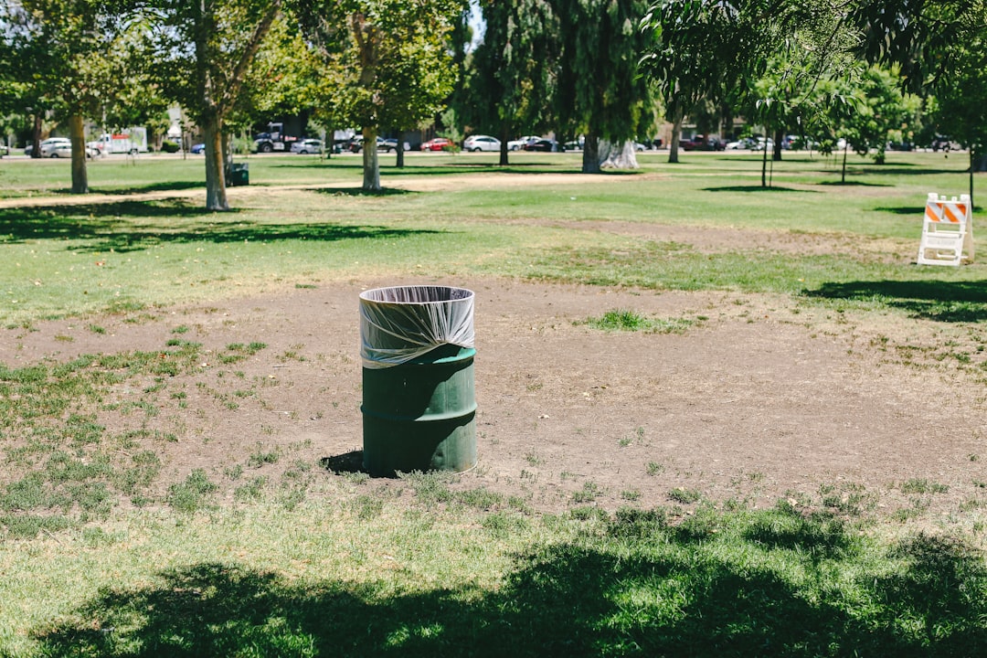 black trash bin on green grass field