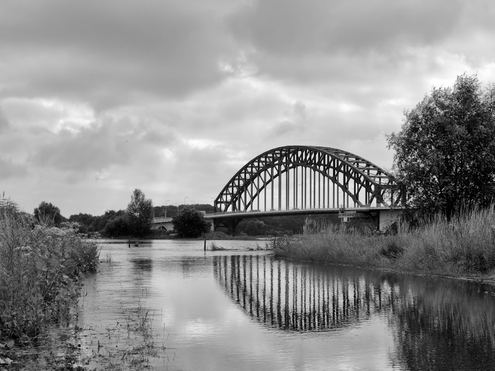 grayscale photo of bridge over river