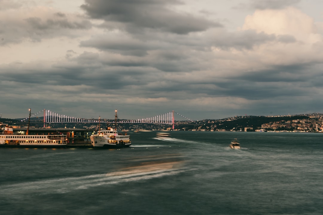 people on beach near bridge under cloudy sky during daytime