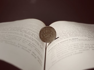 An illustrated open book with coins and children gathered around, symbolizing stories about money.