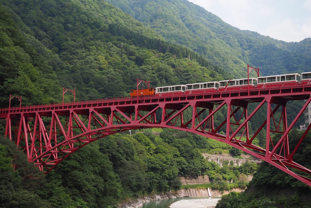 red metal bridge over river