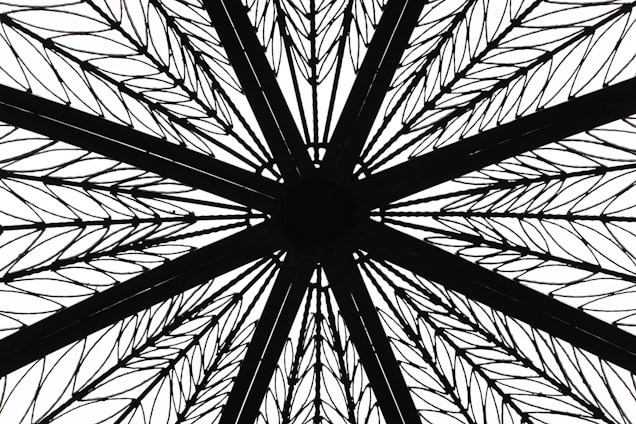 A geometric pattern resembling a mandala or a spoked wheel, composed of intricate, repetitive black lines radiating from a central point. The design includes symmetrical elements and fine details, giving it an artistic and abstract appearance.