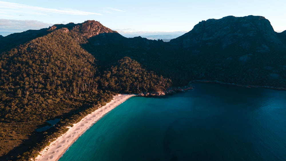 green and brown mountains beside blue sea during daytime