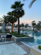 A serene private pool with sun loungers framed by palm trees.