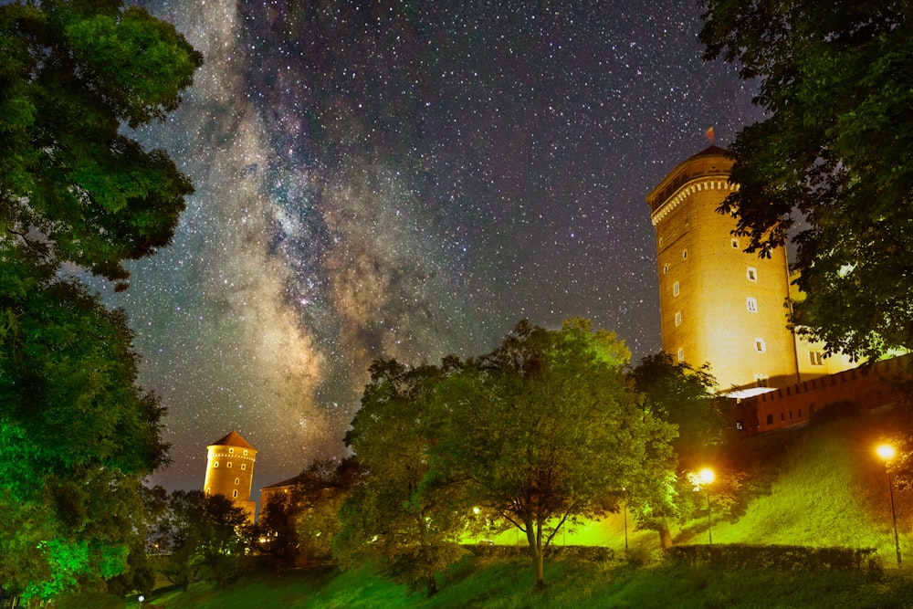 brown concrete building under starry night