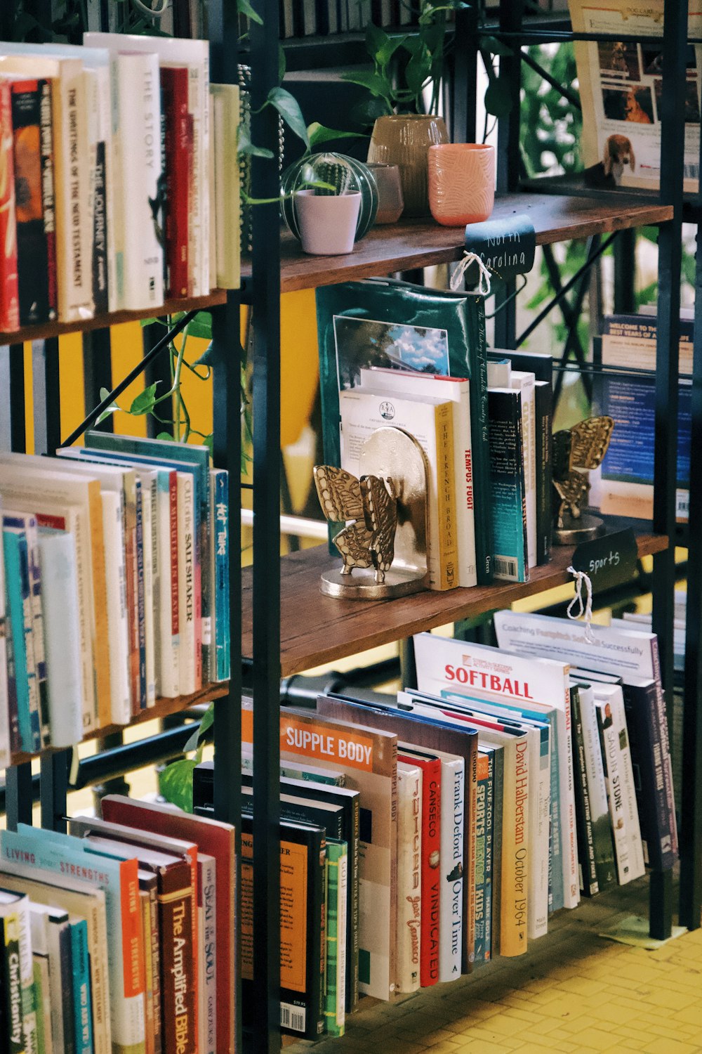 books on brown wooden shelf