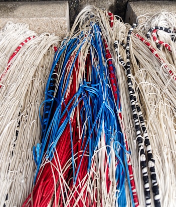 An intricate arrangement of colorful fishing lines and wires, predominantly featuring red, blue, and beige hues. The lines appear tangled and interwoven, creating an intricate pattern. Some wires are wrapped in black and white, adding contrast.