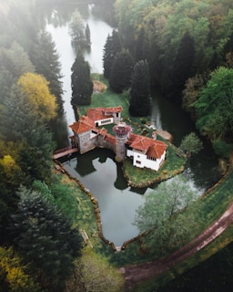 brown and white house on river