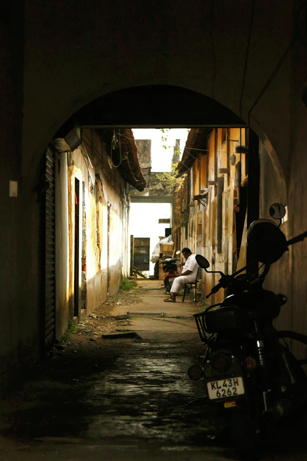 An old Fort Kochi corridor in late-afternoon light