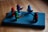 Several colorful toy figures resembling knights or warriors stand on a closed book. The figures have various colors like red, green, and blue, each holding swords and shields, suggesting a playful battle or gathering scene.