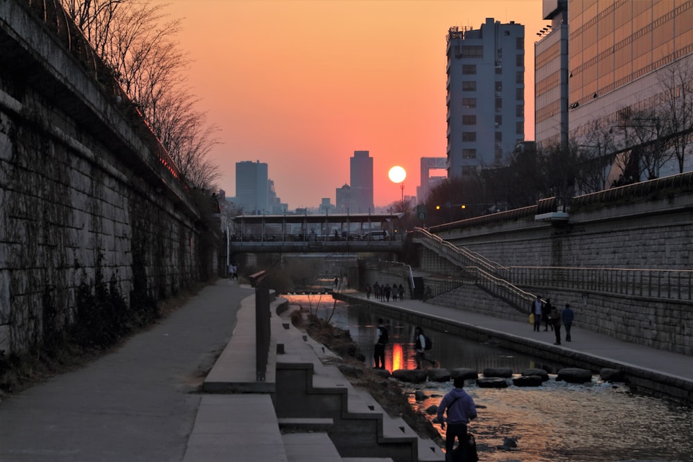 people sitting on concrete bench near body of water during sunset