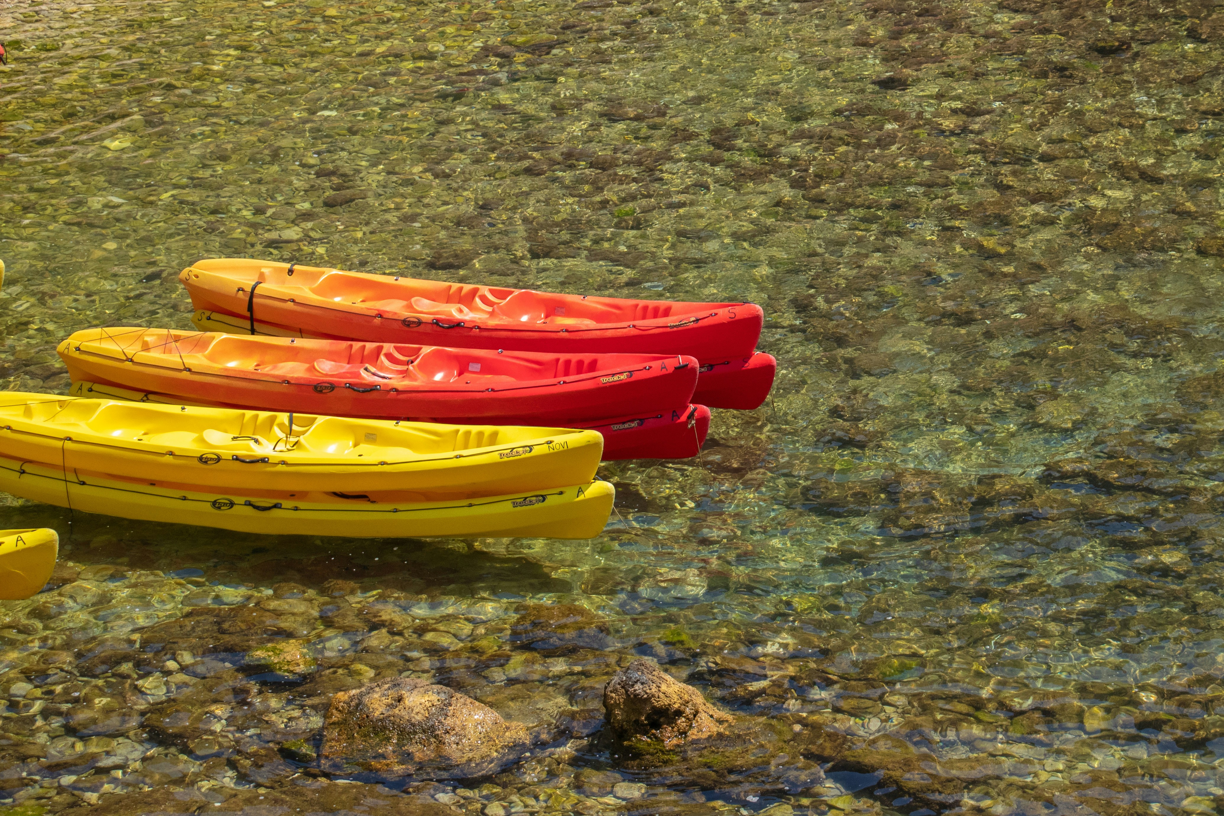 kayak rouge et jaune sur plan d’eau