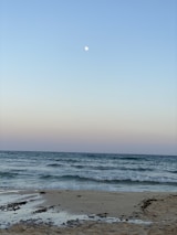 Peaceful beach at twilight with gentle waves.