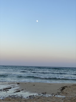 Peaceful beach at twilight with gentle waves.