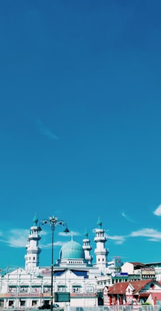 A beautiful mosque with a large green dome and multiple minarets set against a clear blue sky. The architecture is intricate, with decorative patterns and detailed designs. In the foreground, there are some commercial buildings and a streetlamp.
