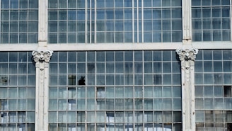 A section of a large window comprising multiple glass panes arranged in a grid pattern. Some of the panes are broken or missing. The window is framed by white pillars featuring ornate decorative designs at the top.