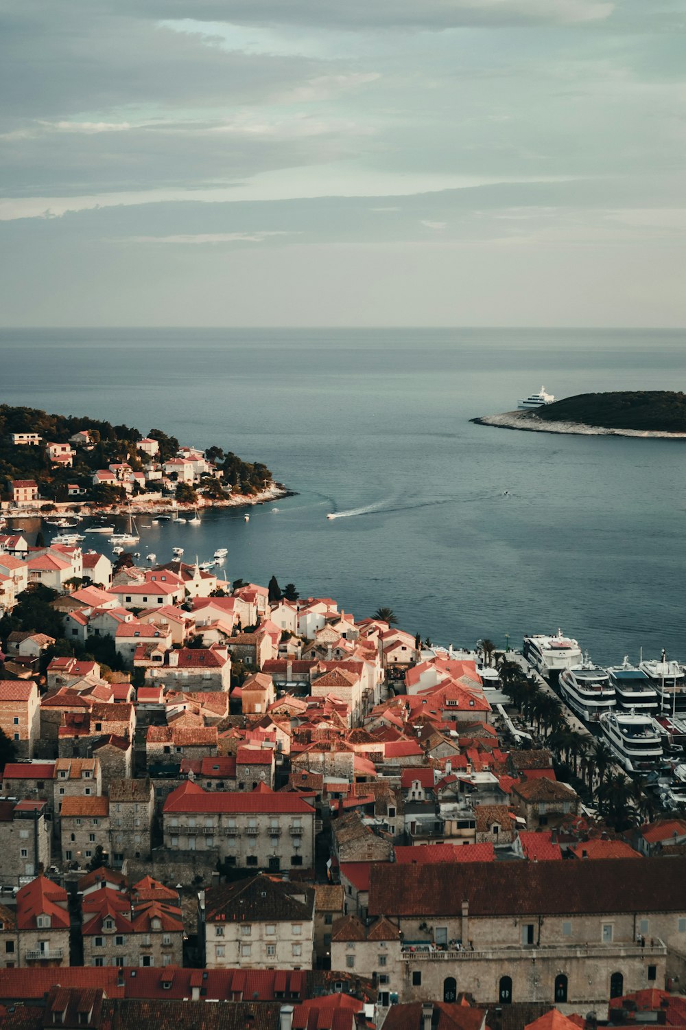 aerial view of city buildings near body of water during daytime