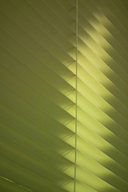 Vertical slats of a window blind are partially closed, casting soft shadows and allowing light to diffuse through. The material appears to be a light green fabric or plastic.