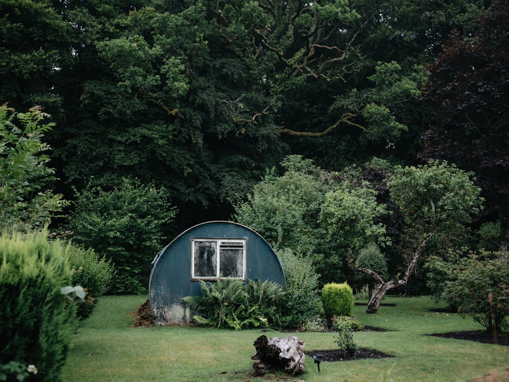 blue and white wooden house surrounded by green trees during daytime