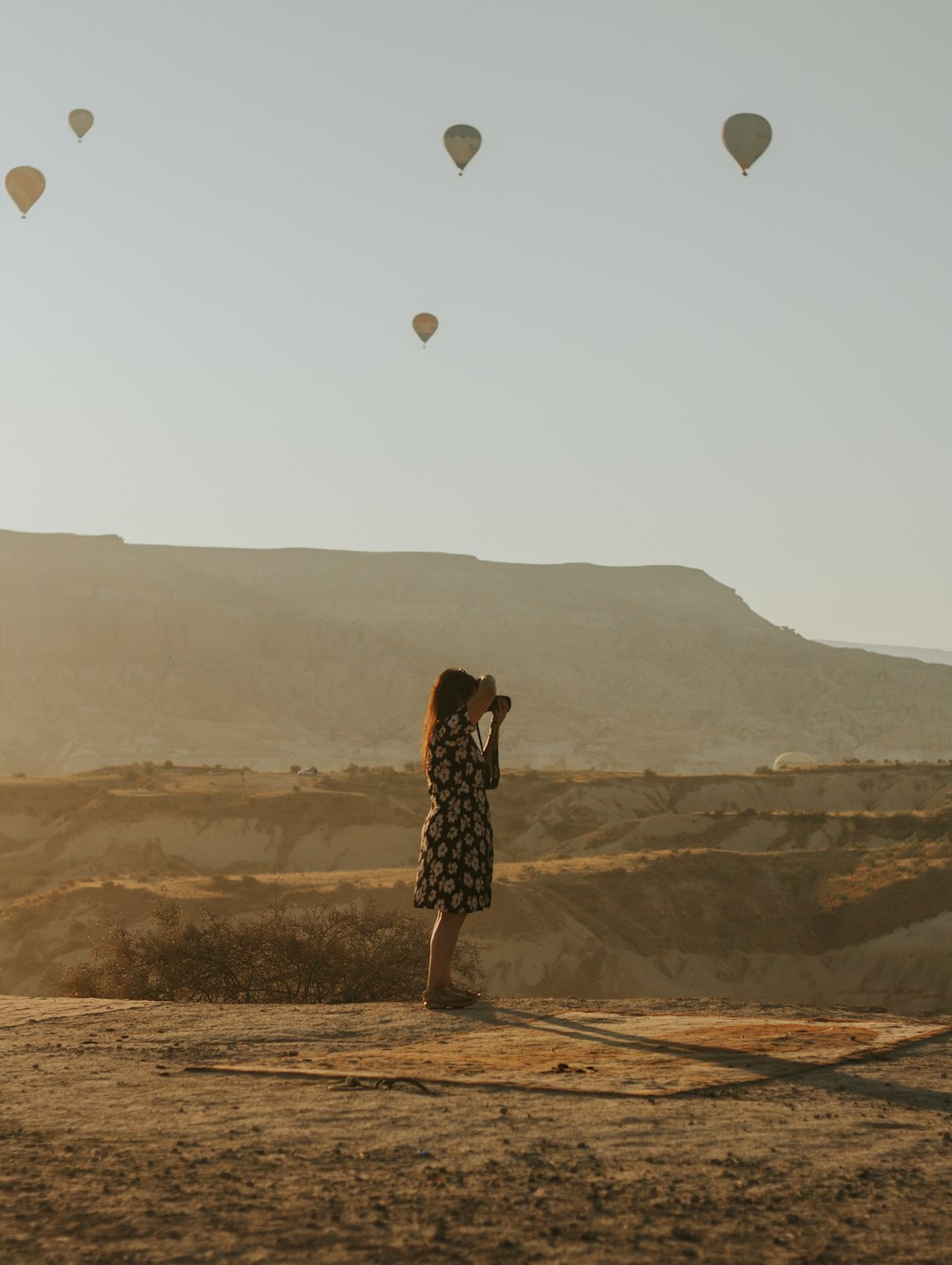 woman in black and white polka dot dress standing on brown field with hot air balloons