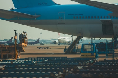 The image depicts a busy airport apron with multiple airplanes visible. One large aircraft with the identifier 'HL7714' is prominent in the foreground. Various ground support equipment including a yellow vehicle and baggage carts are also visible, with multiple aircraft in the background preparing for departure or arrival.