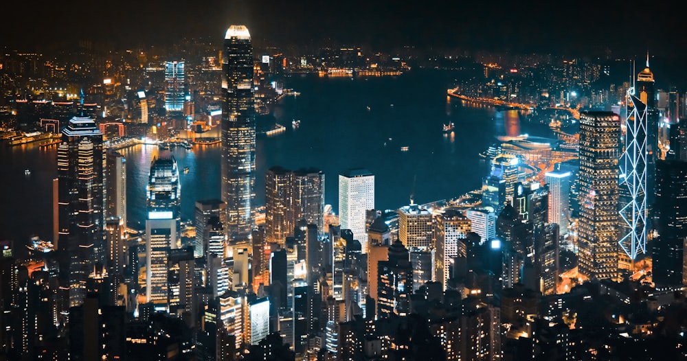 city skyline during night time