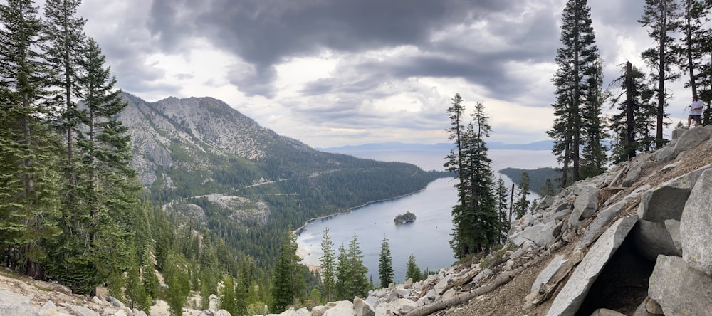 green pine trees on mountain near lake under cloudy sky during daytime