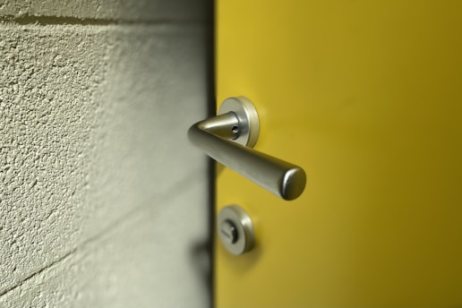 stainless steel door lever on brown wooden door